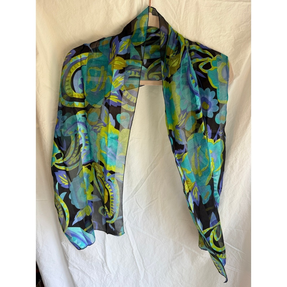 Vintage Style Sheer Chiffon Scarf Blue Green Floral Paisley Psychedelic Print